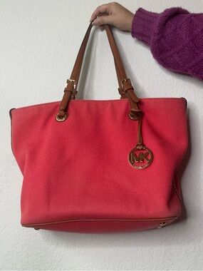 Michael Kors Coral-Pink Canvas Tote with Brown Leather Straps